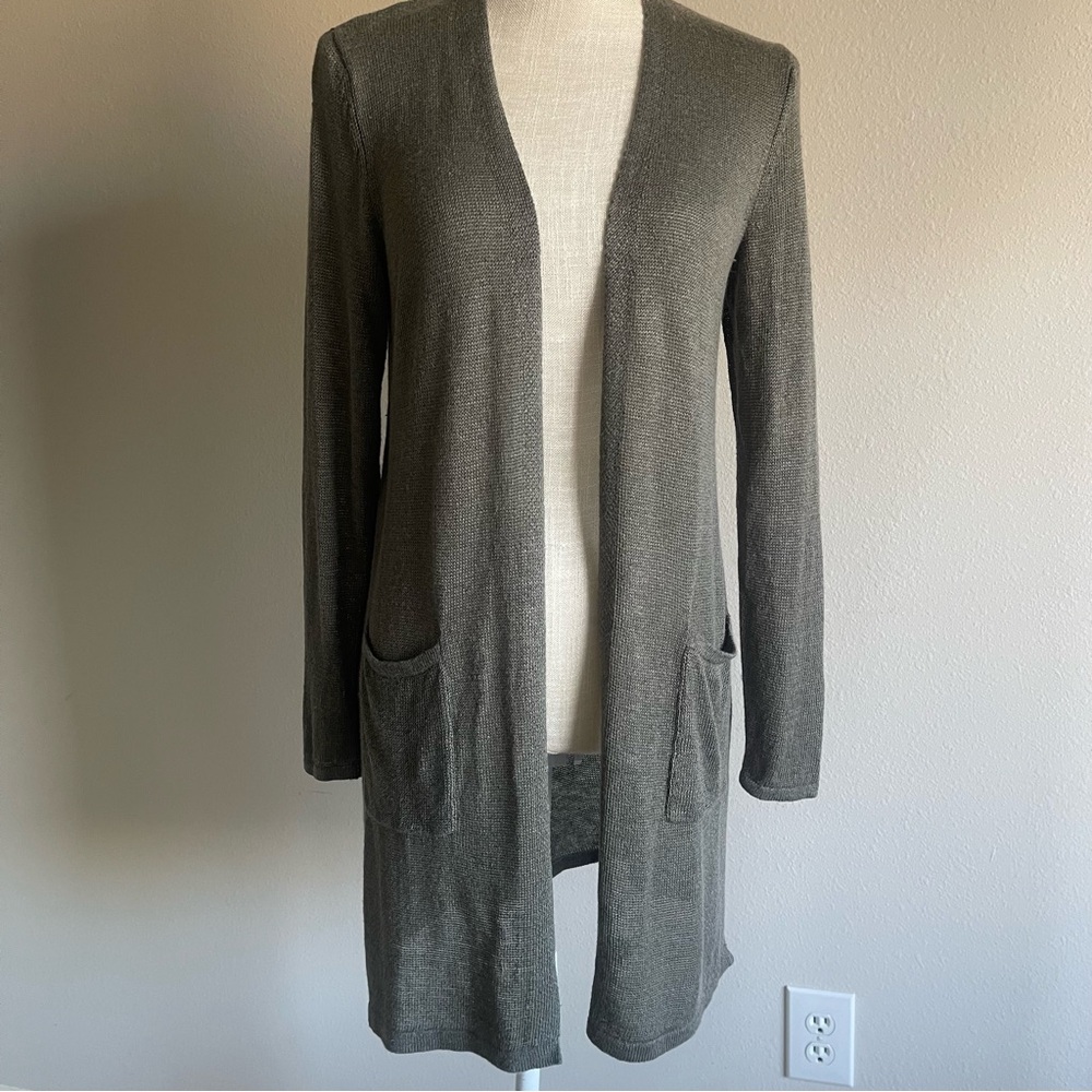 Women's Linen blend Gray Open Front Cardigan Sweater longline lightweight  XS